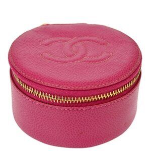 Authentic CHANEL CC Caviar Round Pouch Jewelry Travel Case Coin Purse Pink